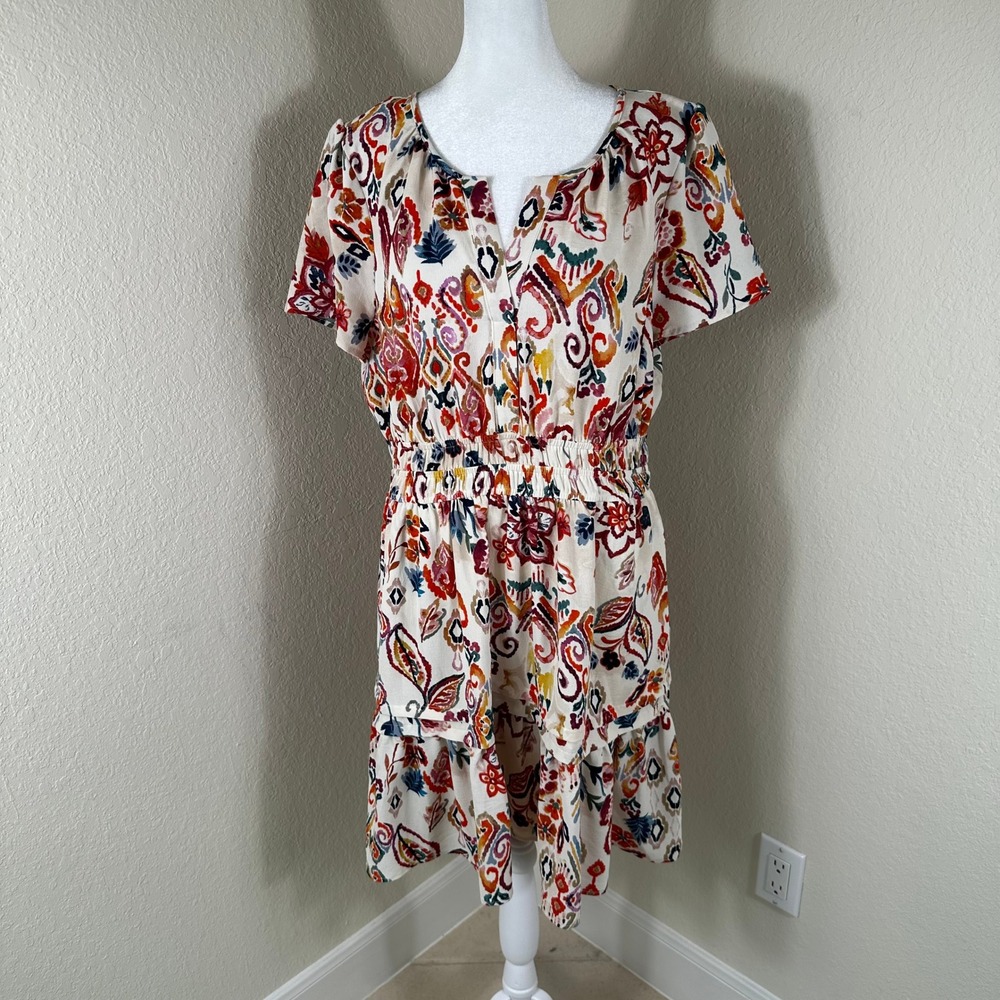 Be by Chetta B Dress Womens XL Multicolor Paisley Smocked Waist Boho Tiered
